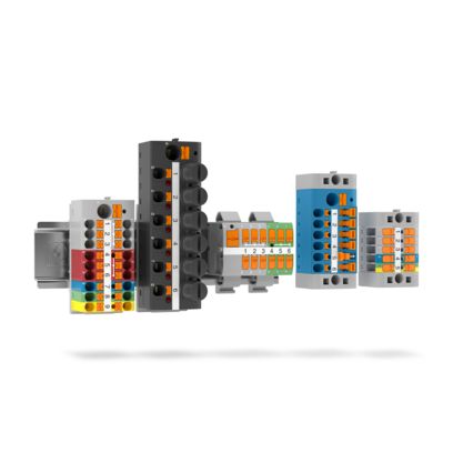 Distribution blocks and device terminal blocks
